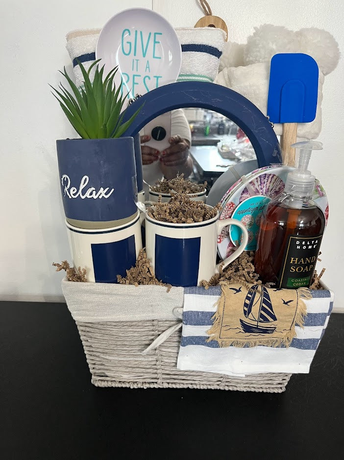 Blue Beige and White Gift Basket