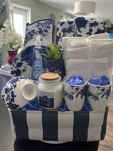 Blue and White Floral Closing/Home-Warming Gift Basket/Box