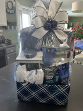 Load image into Gallery viewer, Men’s Navy and Grey Striped Spa Gift Basket/Box
