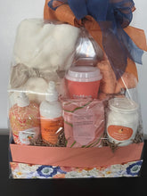 Load image into Gallery viewer, Peach and Blue Floral Gift Basket
