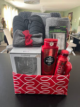Load image into Gallery viewer, Men’s Red and Grey Striped Spa Gift Basket/Box
