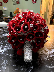 Red Roses Bridal Bouquet with Rhinestone Sparkly Cuff with Extra Bling