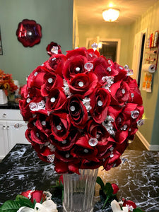 Red Roses Bridal Bouquet with Rhinestone Sparkly Cuff with Extra Bling