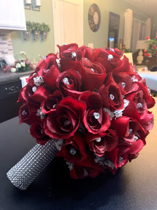 Red Roses Bridal Bouquet with Rhinestone Sparkly Cuff